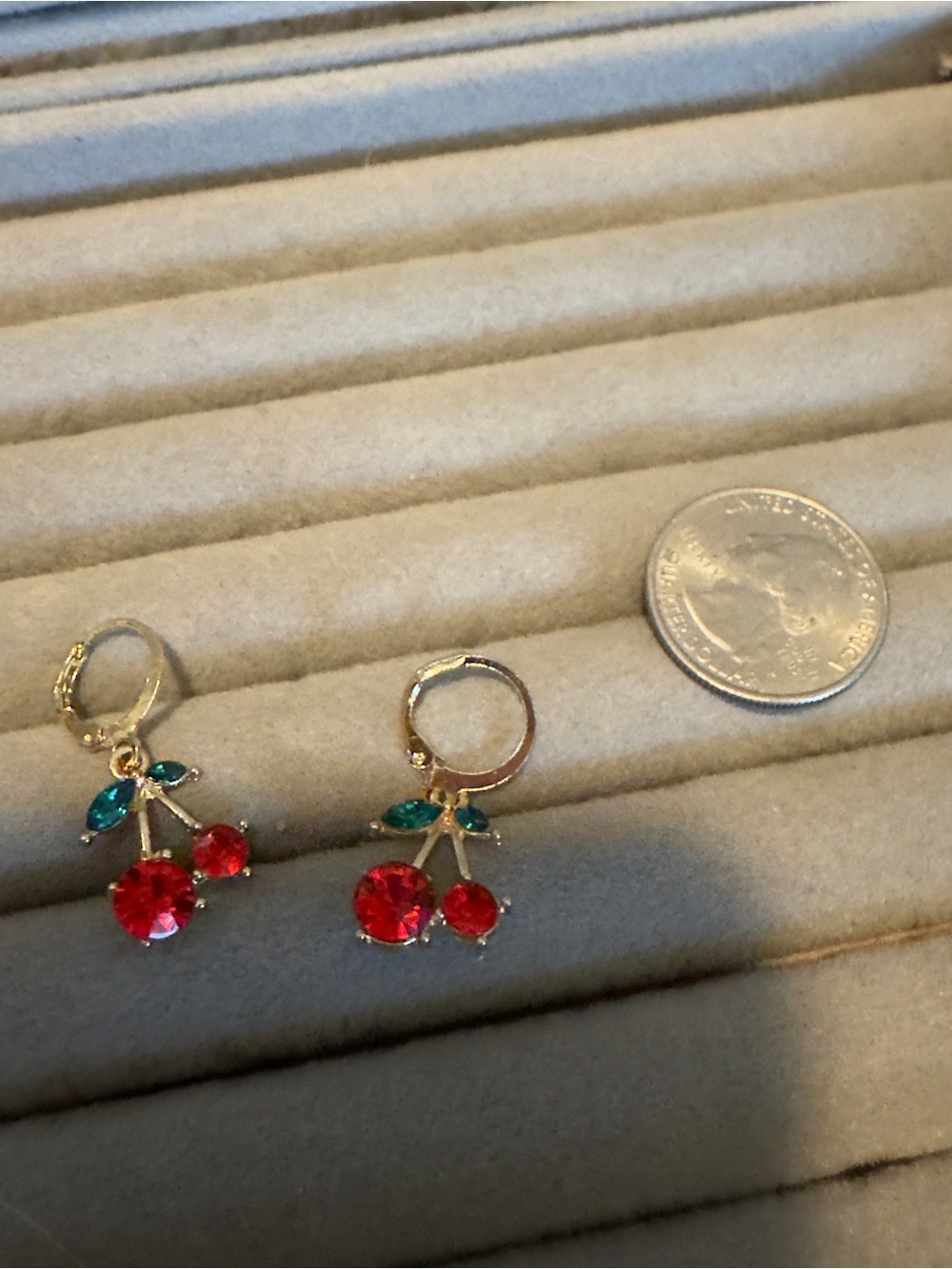 Gold Cherry Drop Earrings with Red and Green Crystals